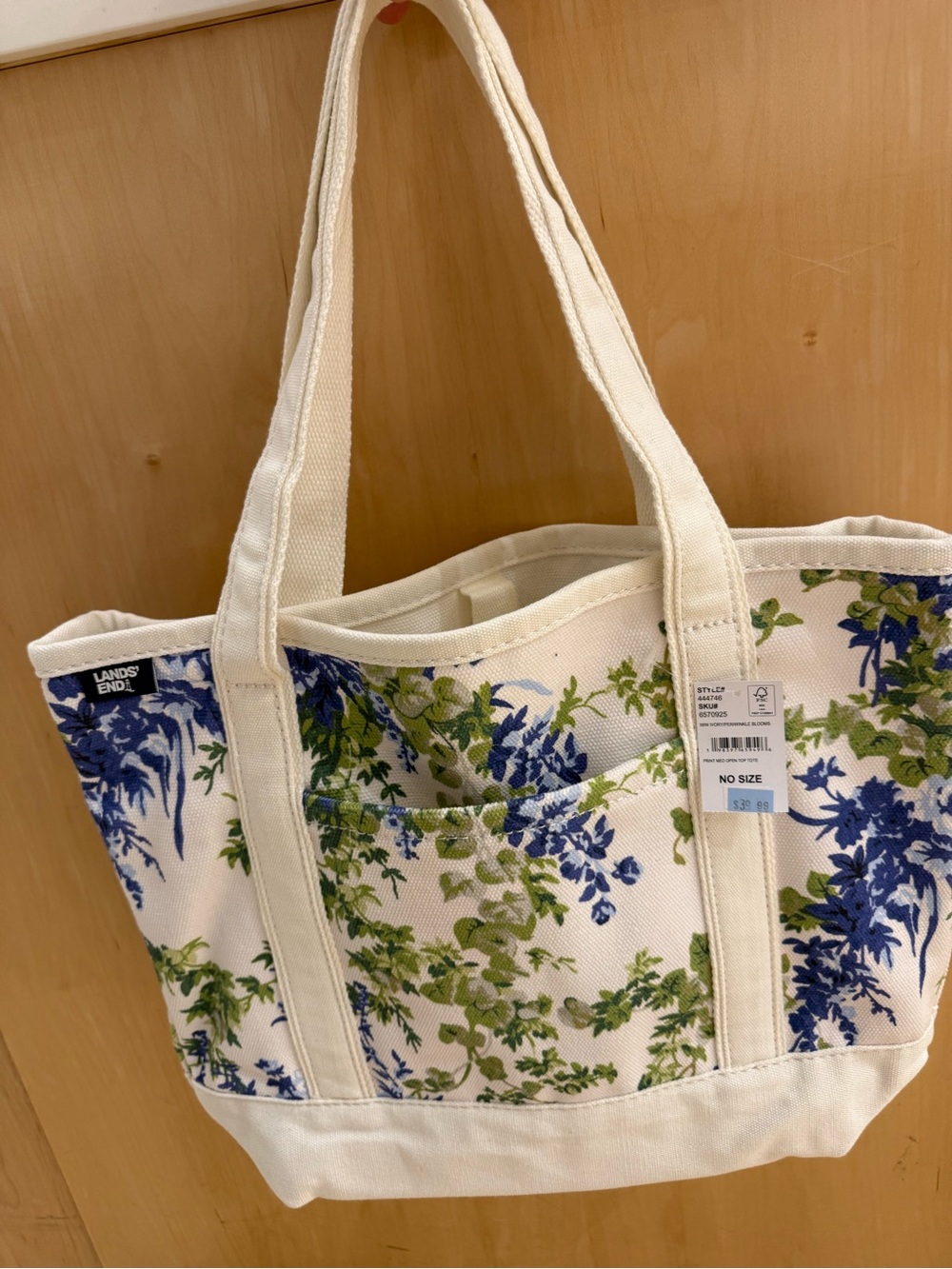 Lands' End Cream Tote with Blue & Green Floral Print